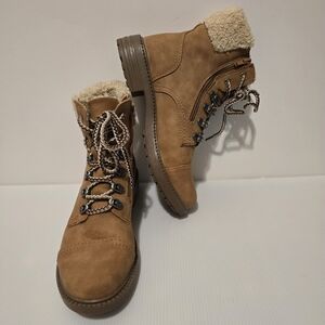 REPORT Camel Brown Combat Boot Faux Fur Detail Lace Up & Zipper Closure Size 9.5